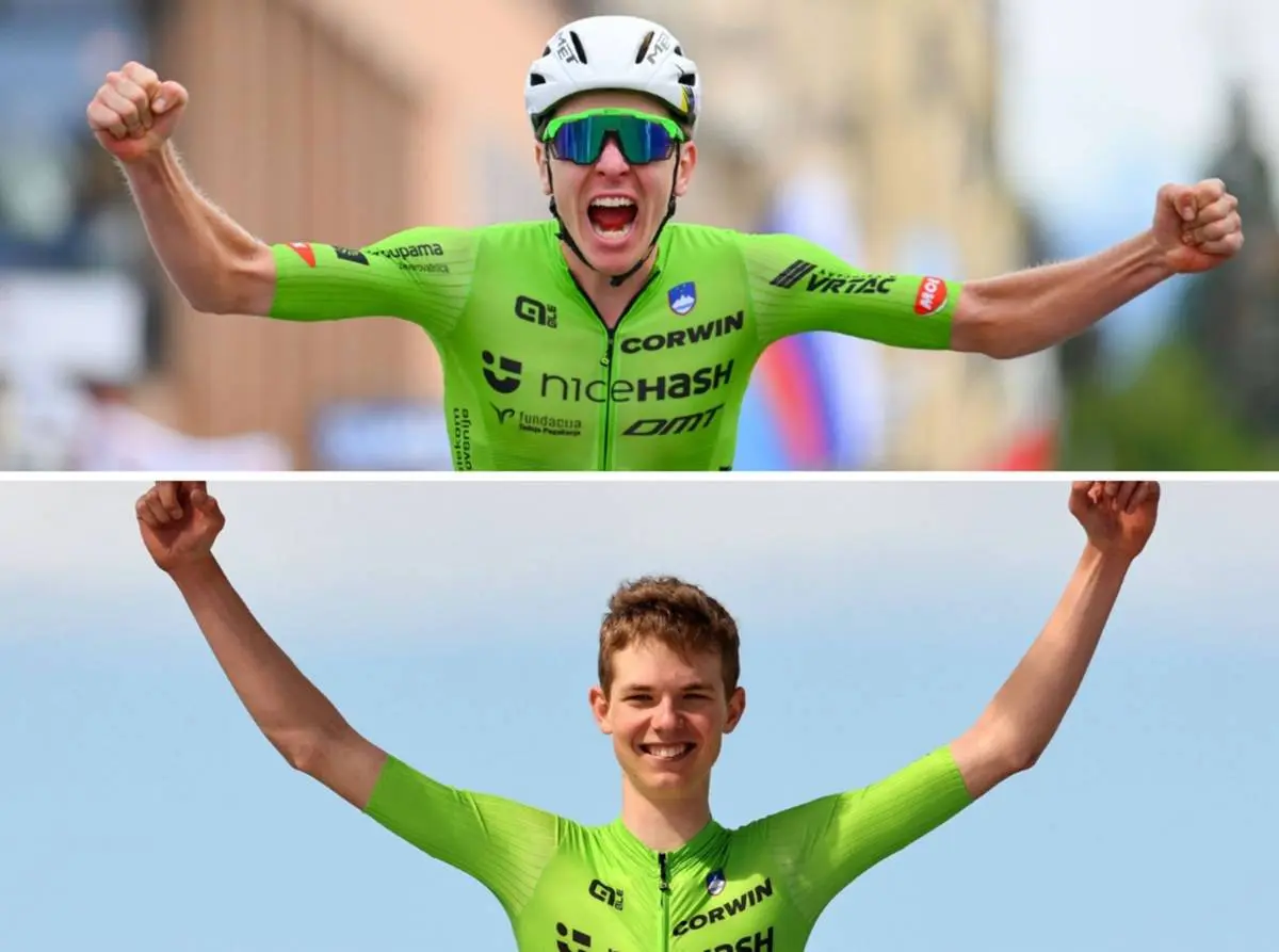 Tadej Pogacar y Jakob Omrzel, ambos con el maillot de Eslovenia.