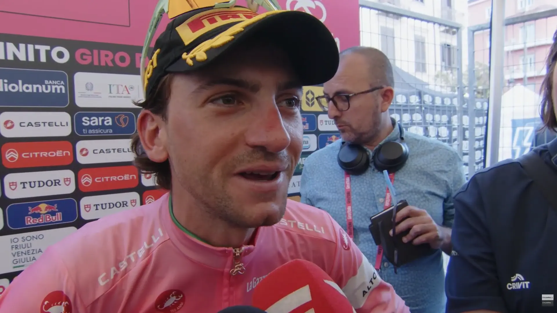 Giulio Ciccone speaks to the media after stage 4 of the 2026 Giro d'Italia
