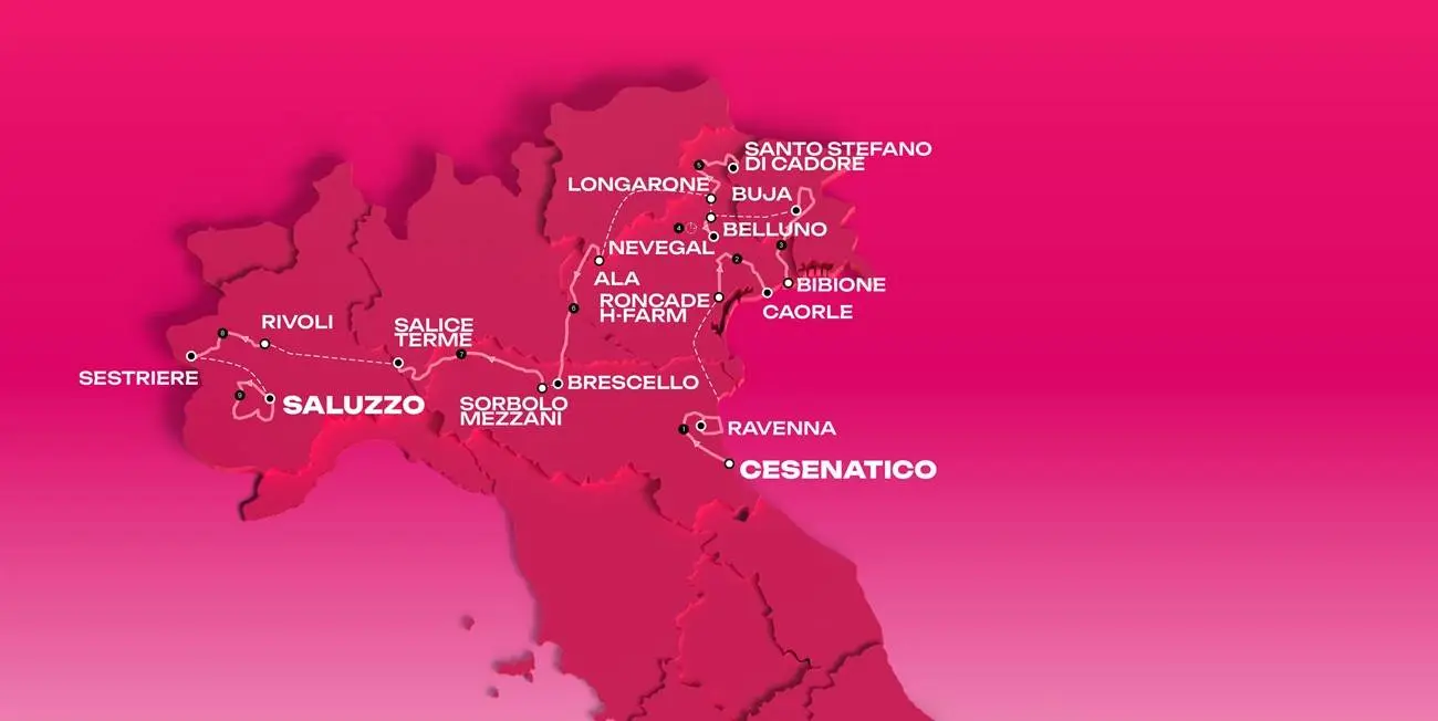 Map of the 2026 Giro d'Italia Donne route