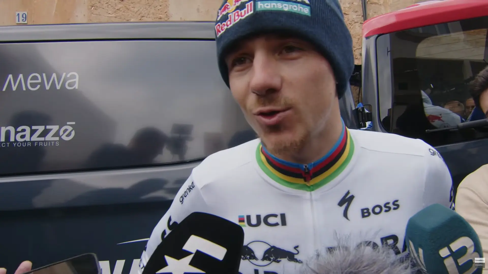 Remco Evenepoel speaks to the media after winning on his Red Bull - BORA - hansgrohe debut at Trofeo Ses Salines