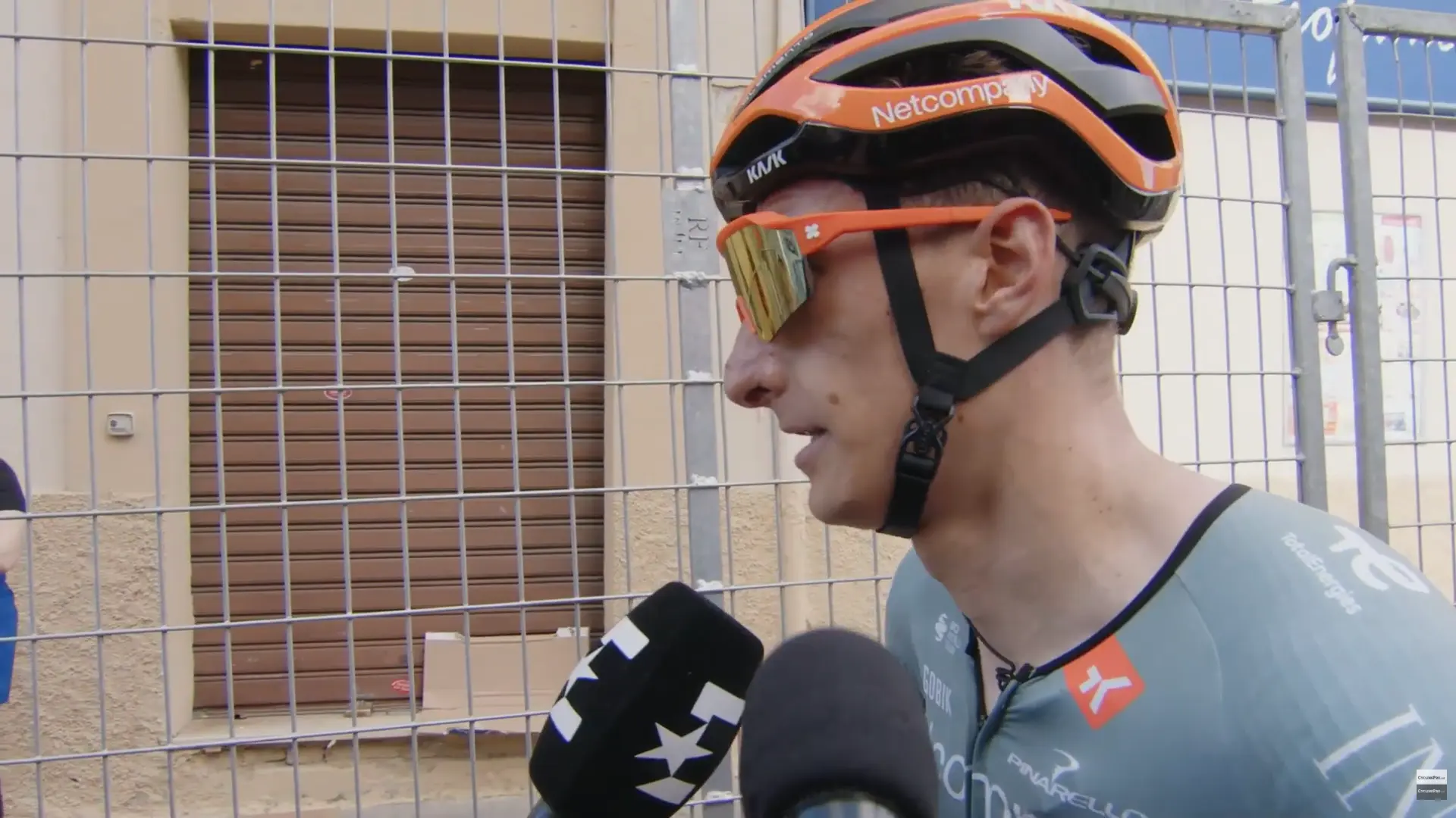 Ben Turner speaks to the media after stage 4 of the 2026 Giro d'Italia