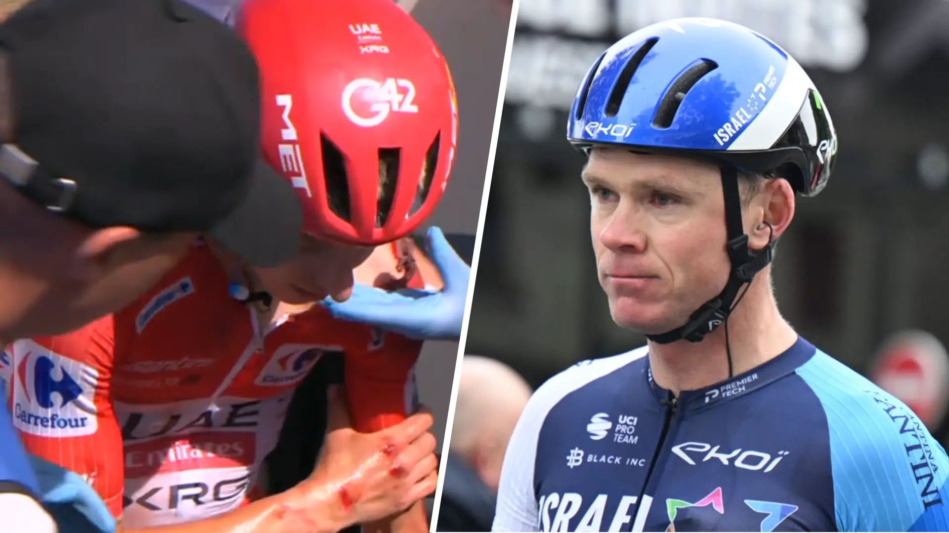 Tadej Pogacar crash/Chris Froome collage