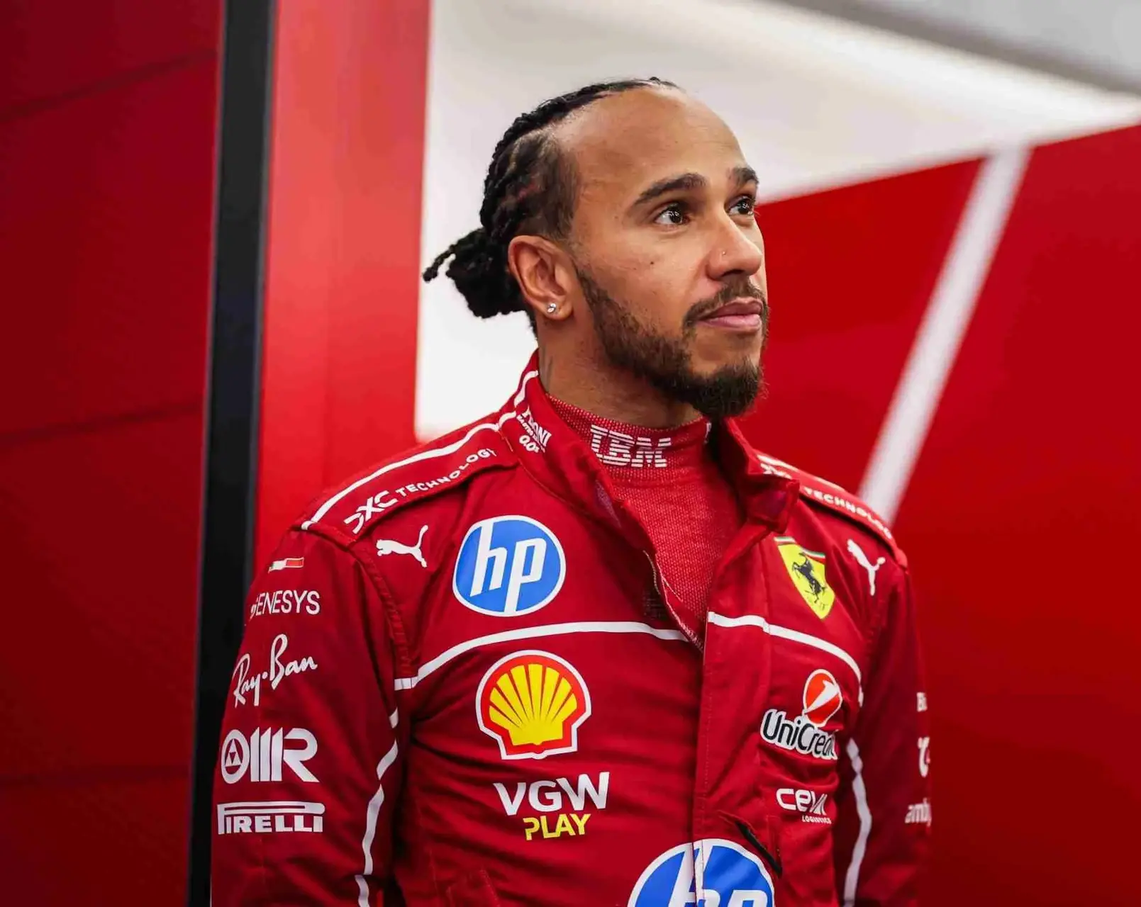 Lewis Hamilton in Ferrari red at Bahrain