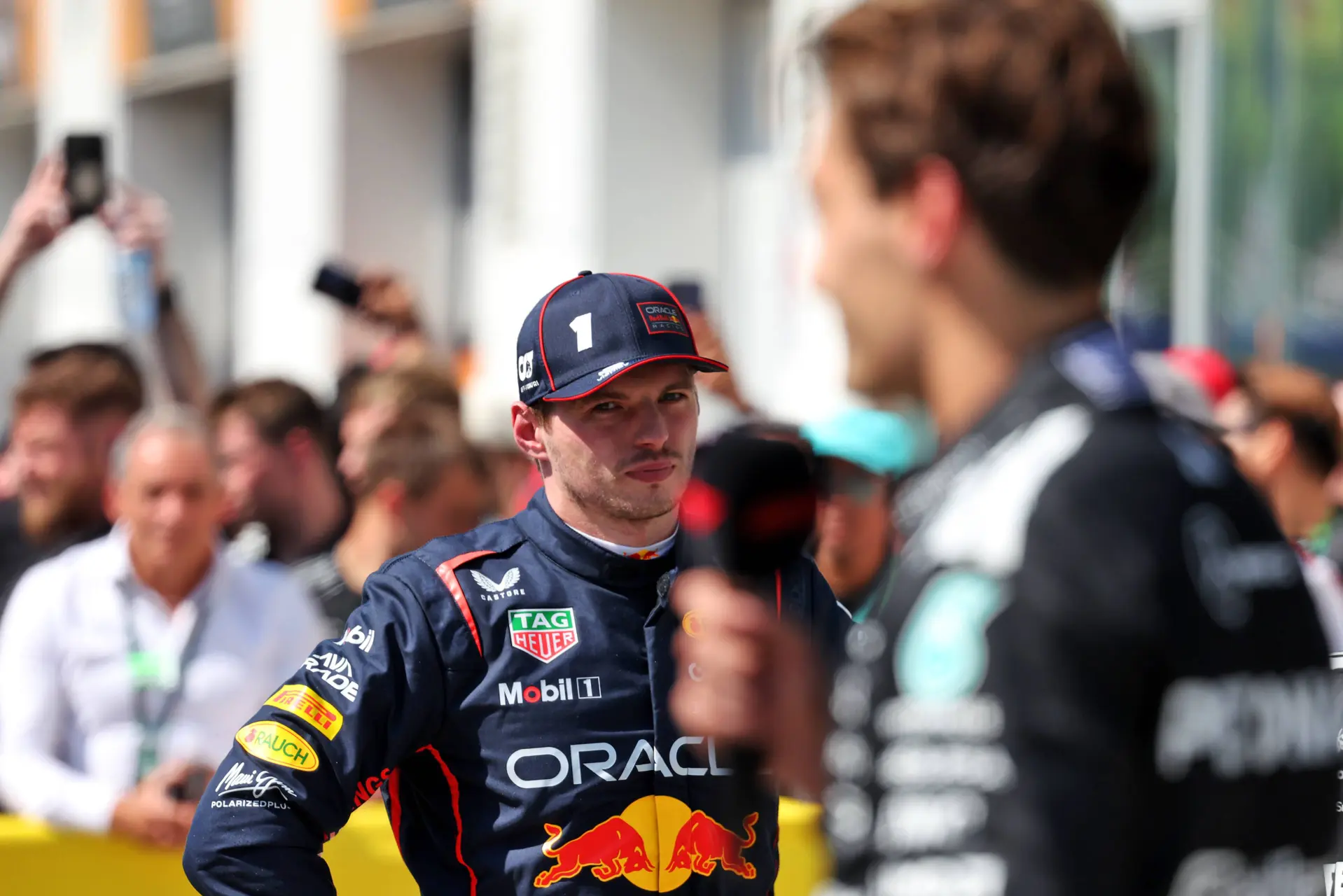 George Russell en Max Verstappen