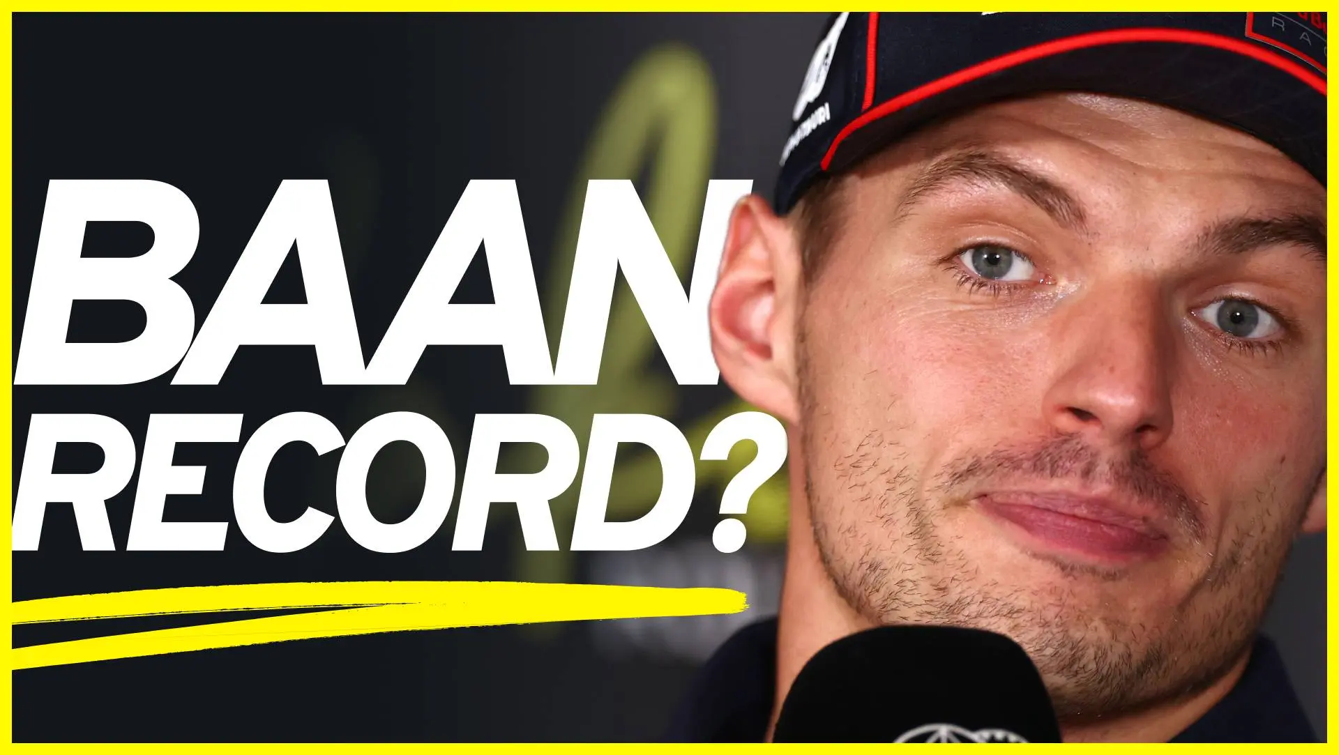 Foto van Max Verstappen met de tekst "Baan record" erop.