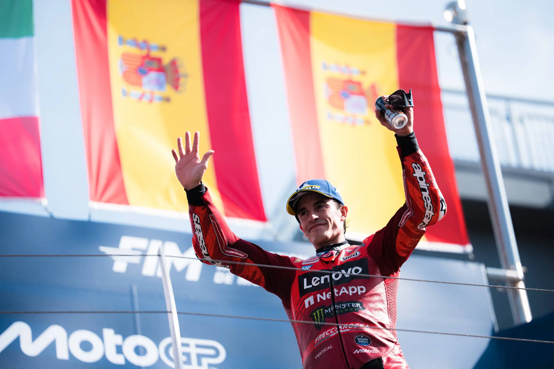 Ducati rider Marc Marquez celebrates MotoGP win
