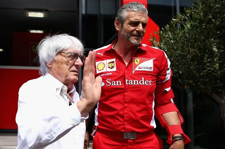 f1 supermo bernie ecclestone and ferrari boss maurizio arrivabene