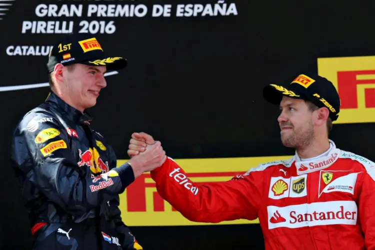 max verstappen red bull tag heuer rb12 and sebastian vettel ferrari sf16 h spain gp f1 2016 podium ceremony