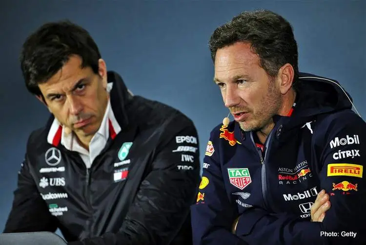 mercedes team principal toto wolff and christian horner f1 media
