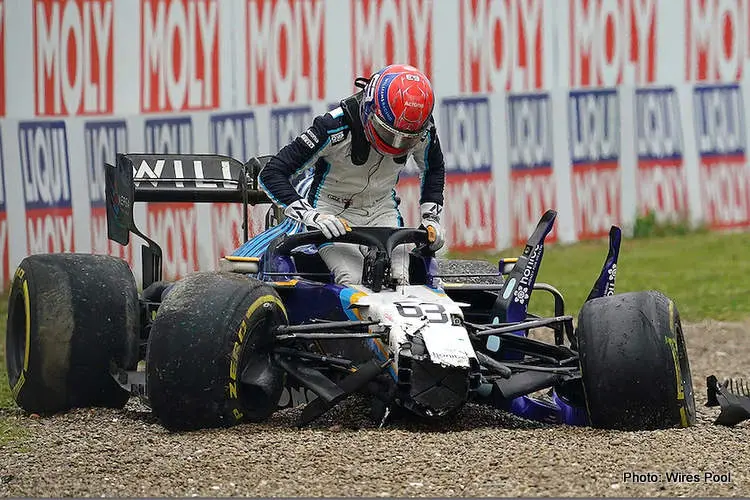 russell crash car imola williams mercedes wolff toto george