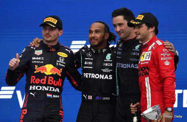 sochi podium hamilton verstappen sainz 2021 russian grand prix top three