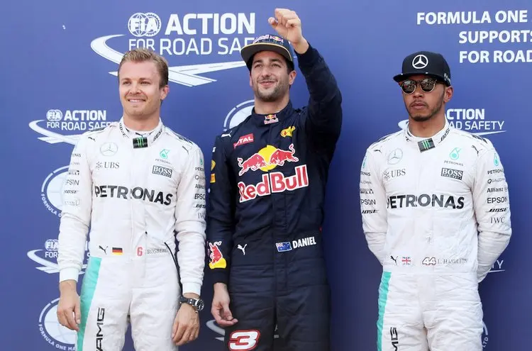 top three qualifiers daniel ricciardo of australia and red bull racing nico rosberg of germany and mercedes gp and lewis hamilton