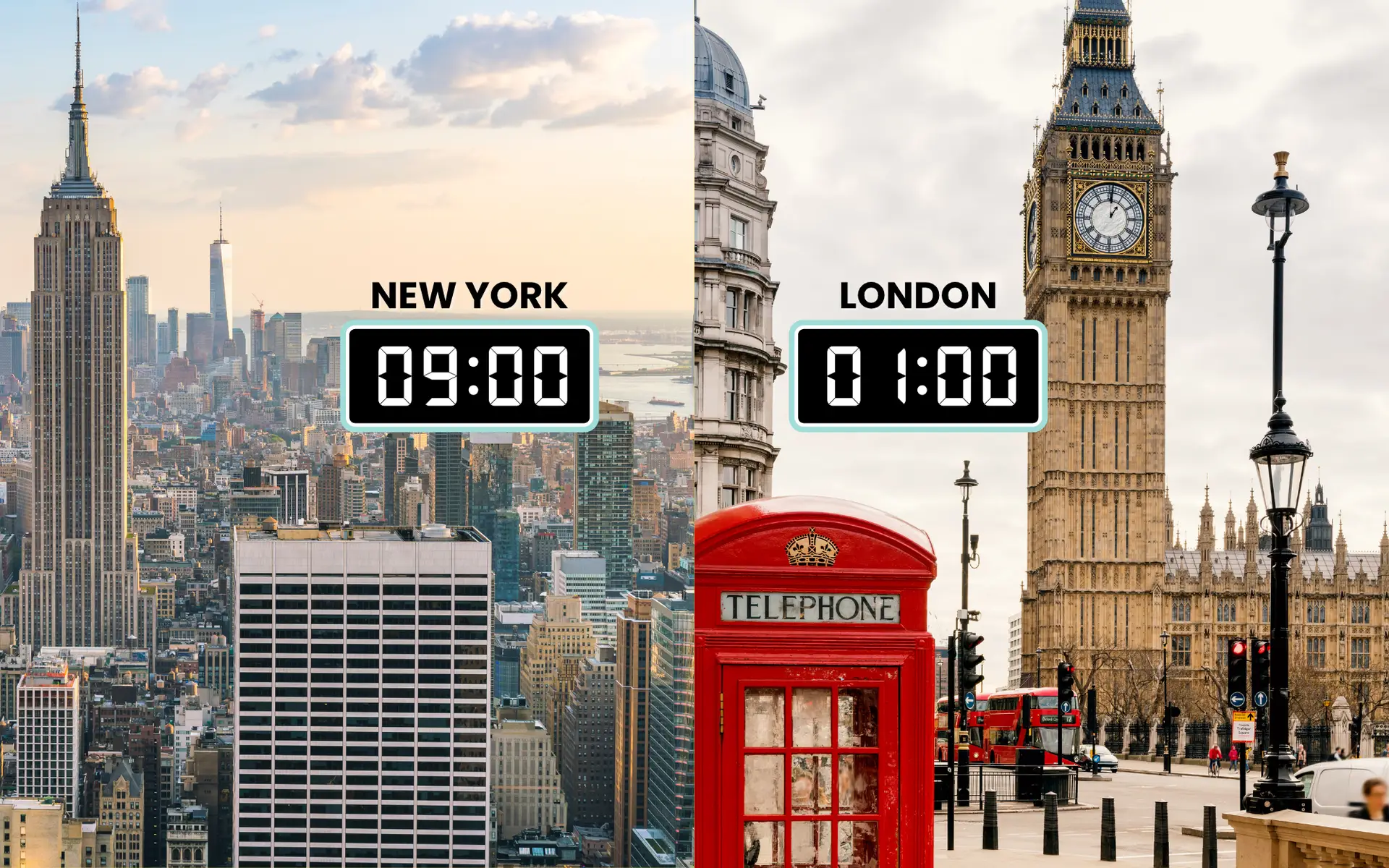 split-screen cA composite image comparing New York and London with digital clocks showing 9:00 and 1:00 respectively.