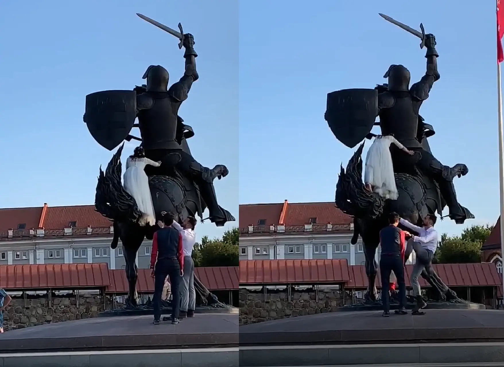 Jaunieji ant „Laisvės kario“ skulptūros