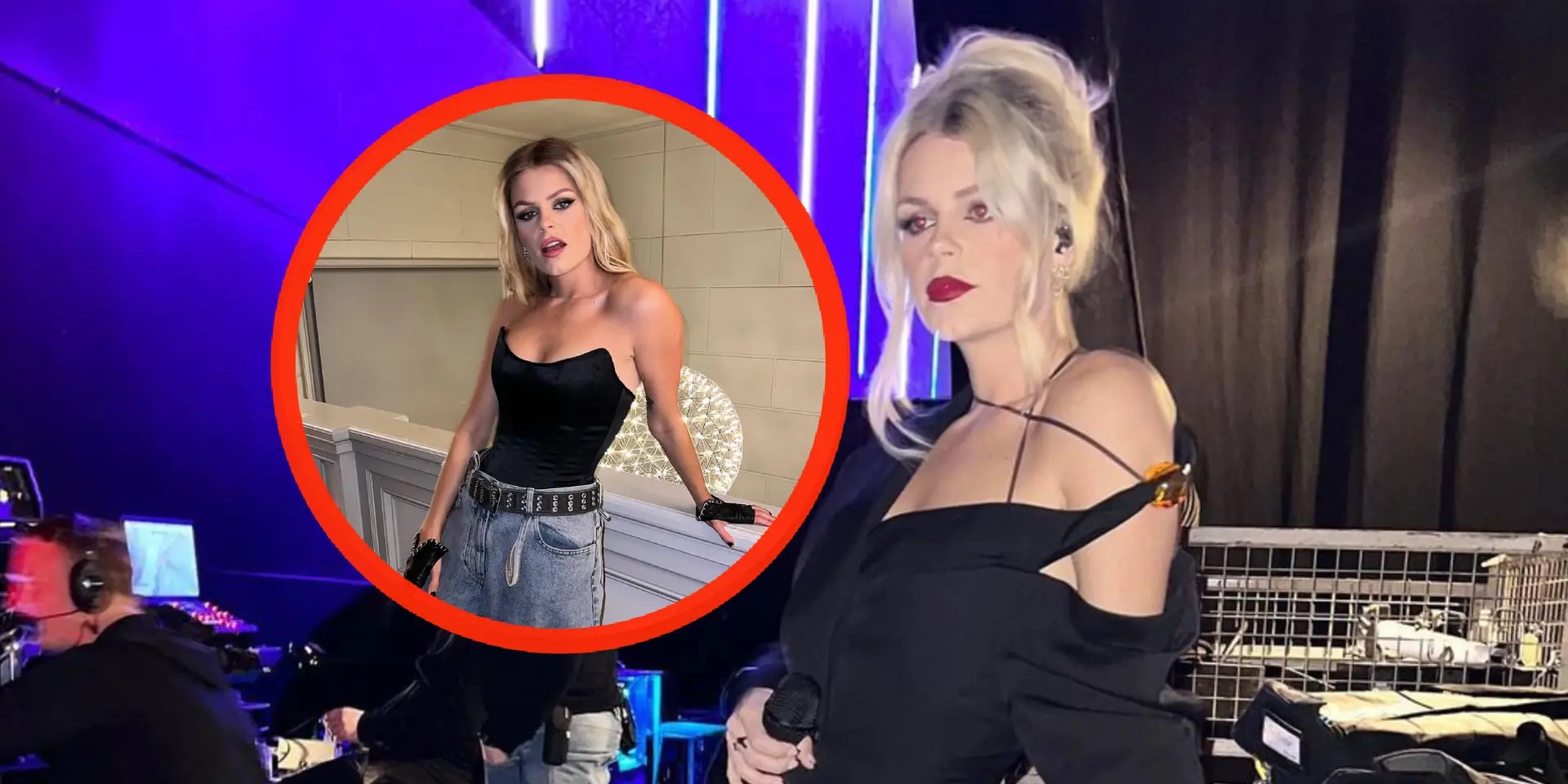 foto davina michelle draagt enorme broek met piepklein topje erboven