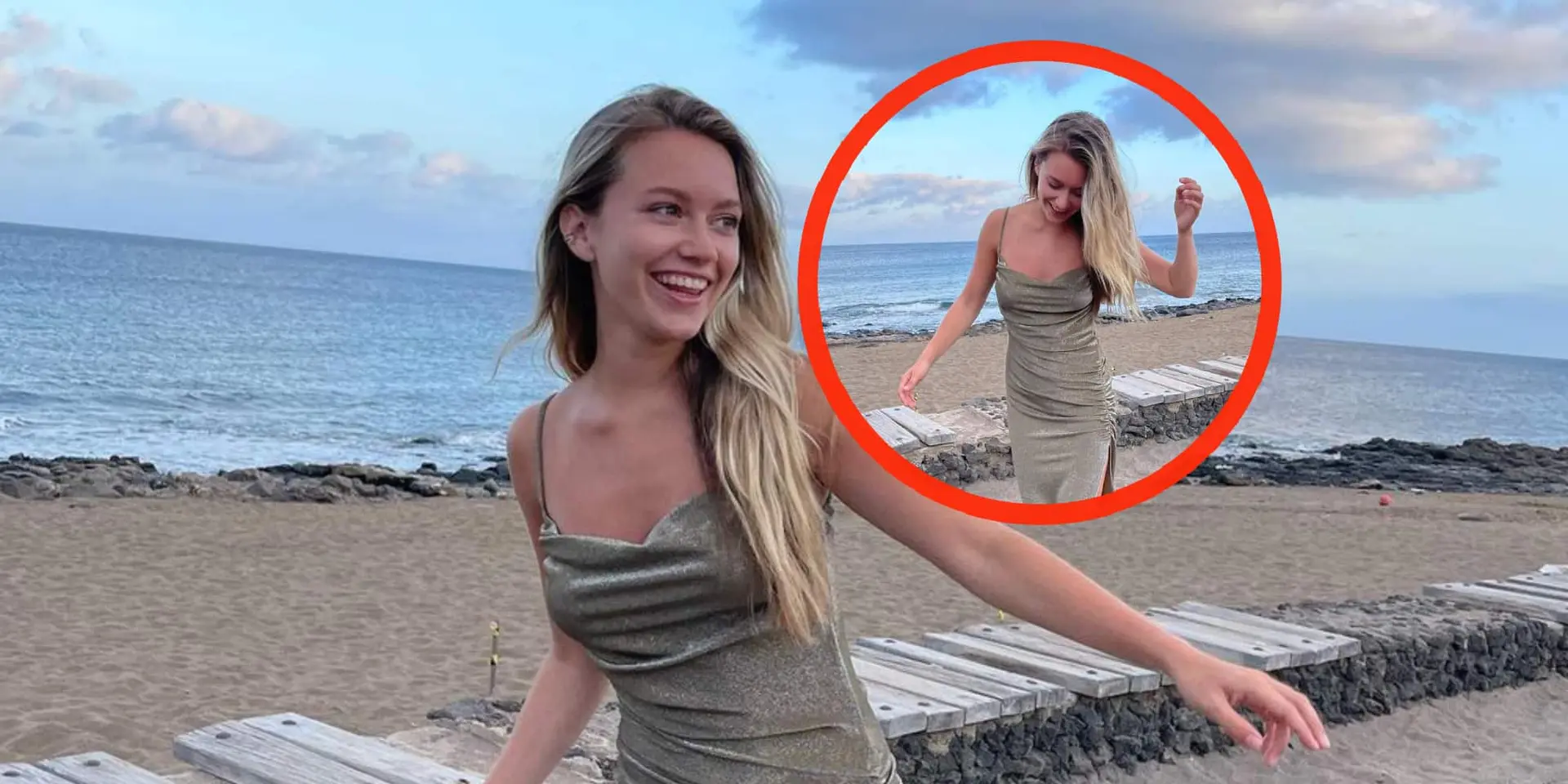 foto zangeres sterre koning wandelt over strand in opwaaiend jurkje