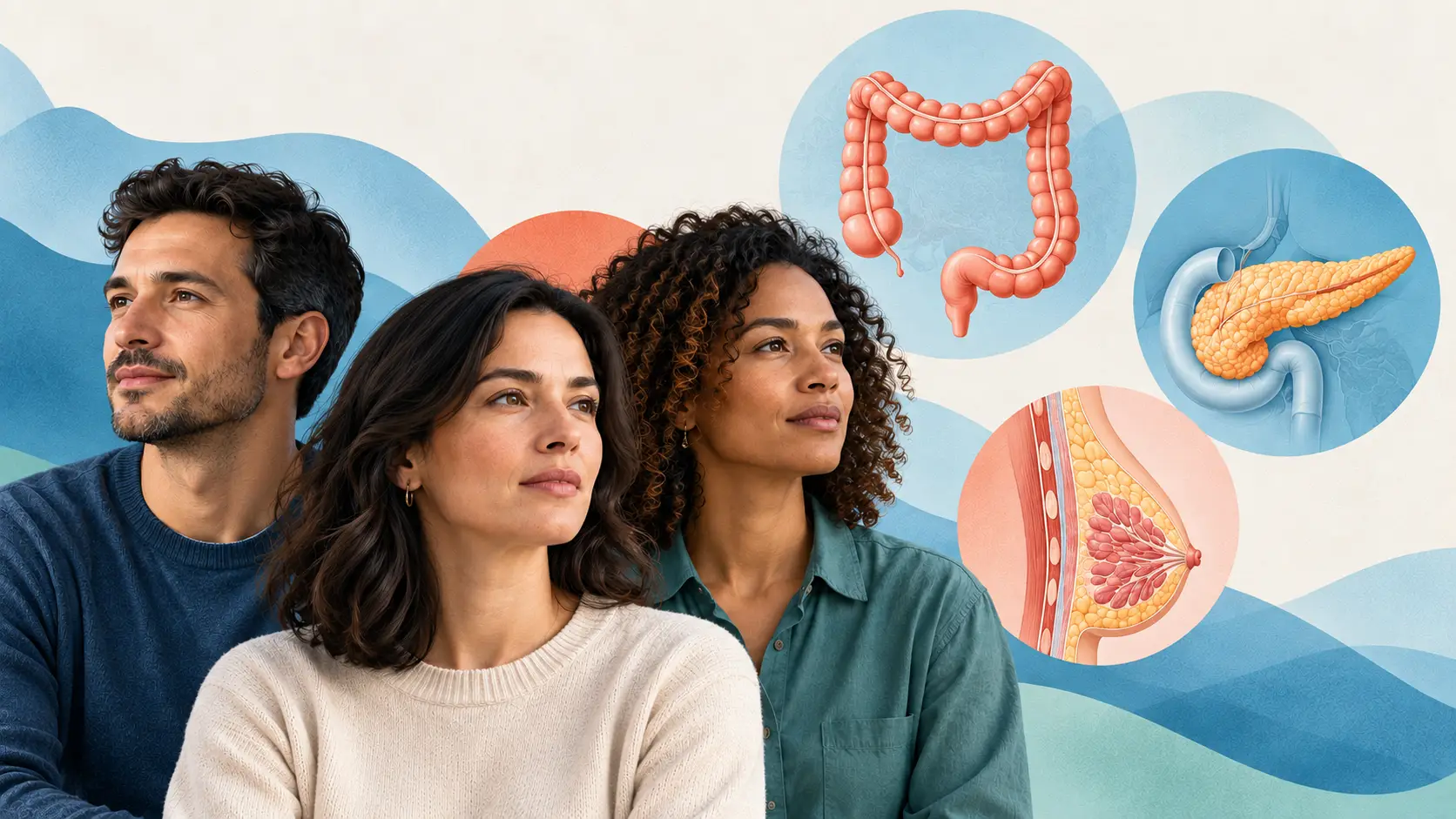 3 cancer types pictured with a man and 2 women