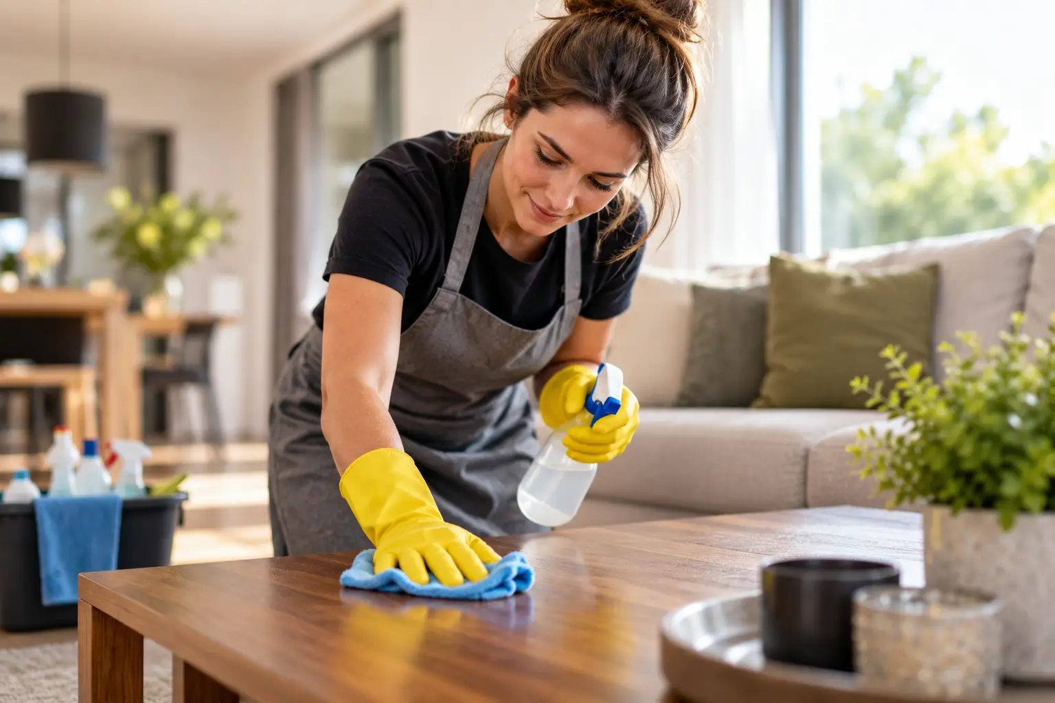 Bright Living Room Cleaning Scene