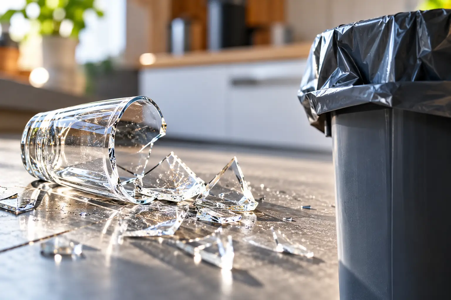 Broken Glass Beside Trash Bin