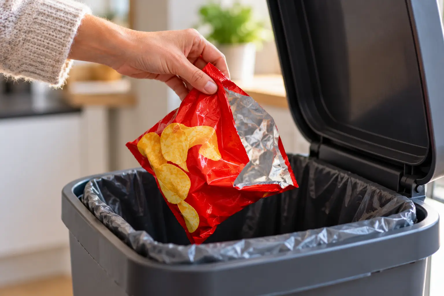 Discarding a Red Snack Bag
