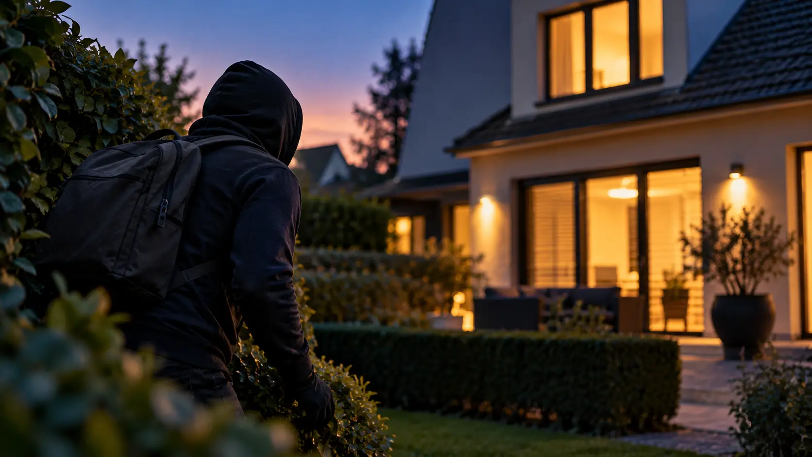 Hooded Figure Watching a Dusk-lit Home