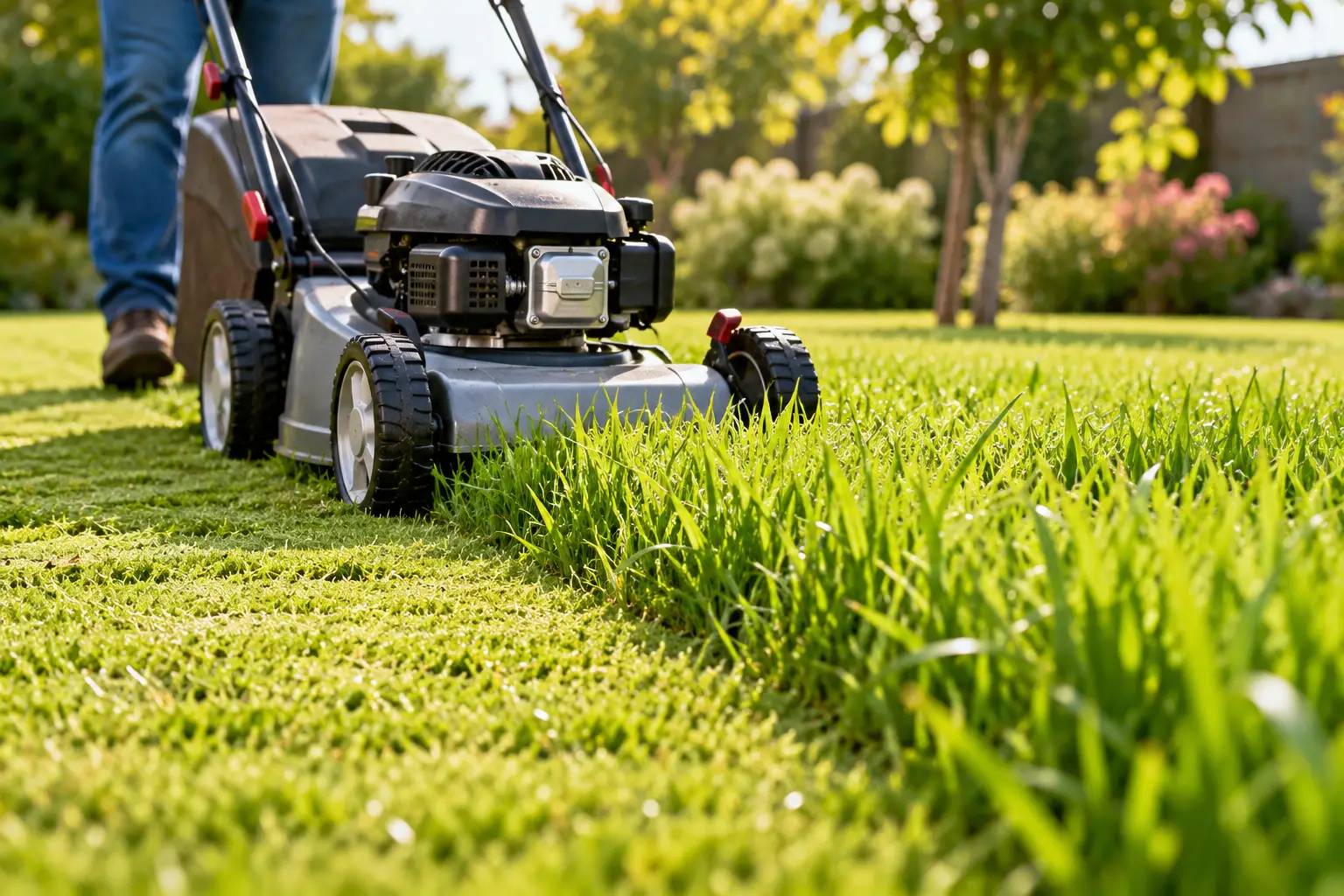 Lawn Mower Cutting a Fresh Green Path