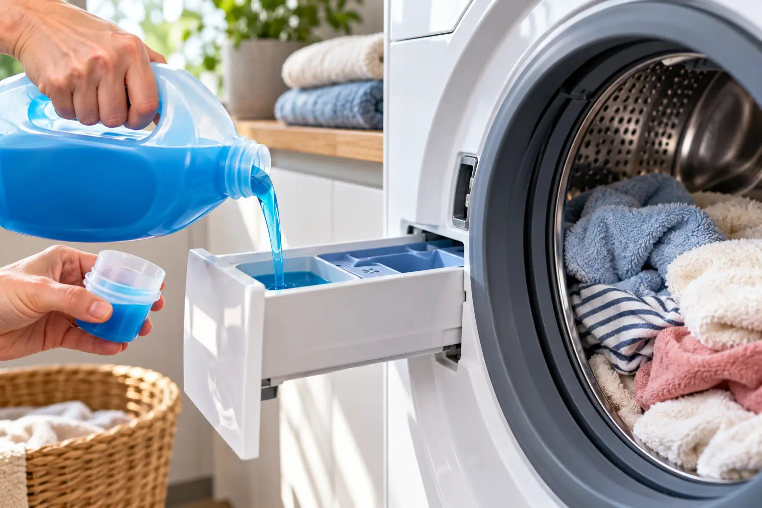 Pouring Blue Detergent into Washer (1)