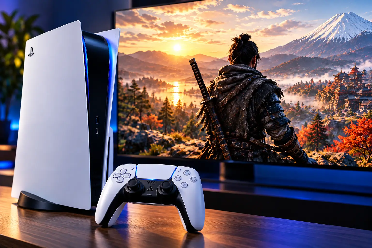 PS5 Gaming Setup at Sunset