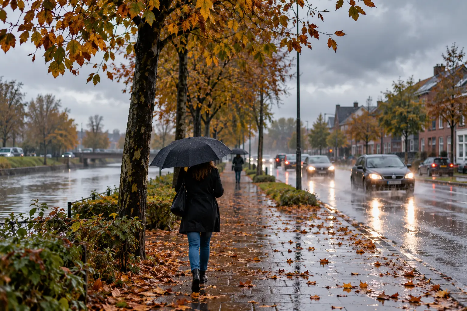 Rainy Autumn Promenade with Umbrella
