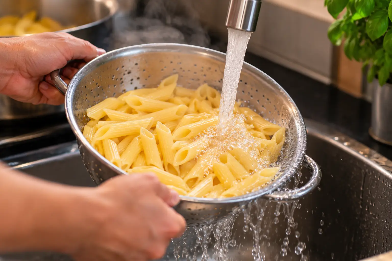 Rinsing Pasta Under Running Water