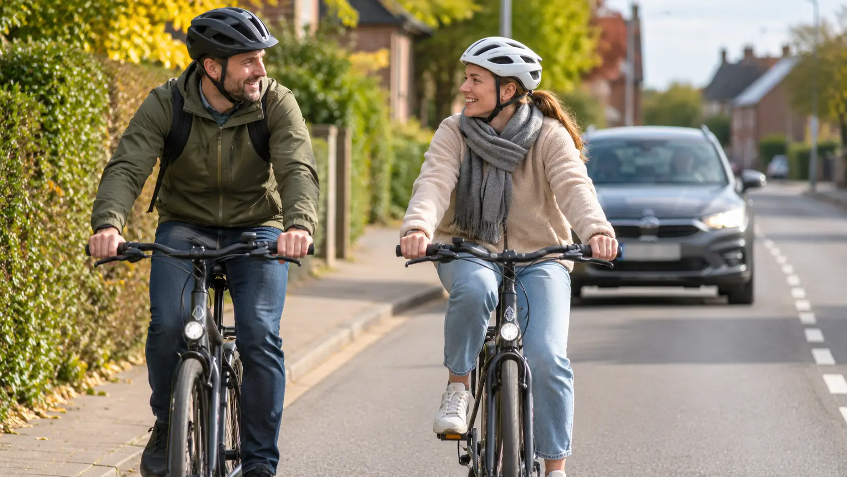 Smiling Cyclists on a Suburban Road