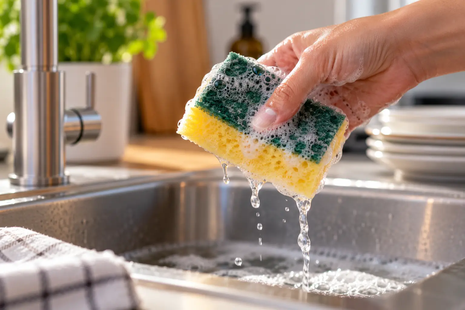 Soapy Sponge Over Stainless Sink