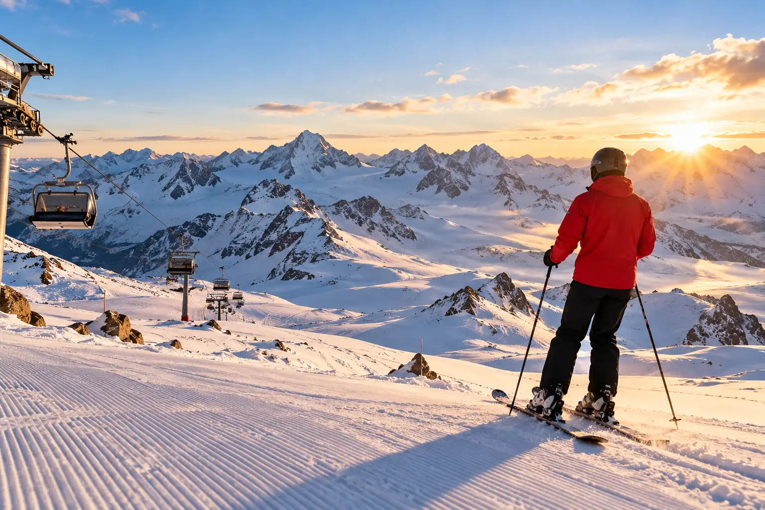 Sunrise Skiing Above Alpine Peaks