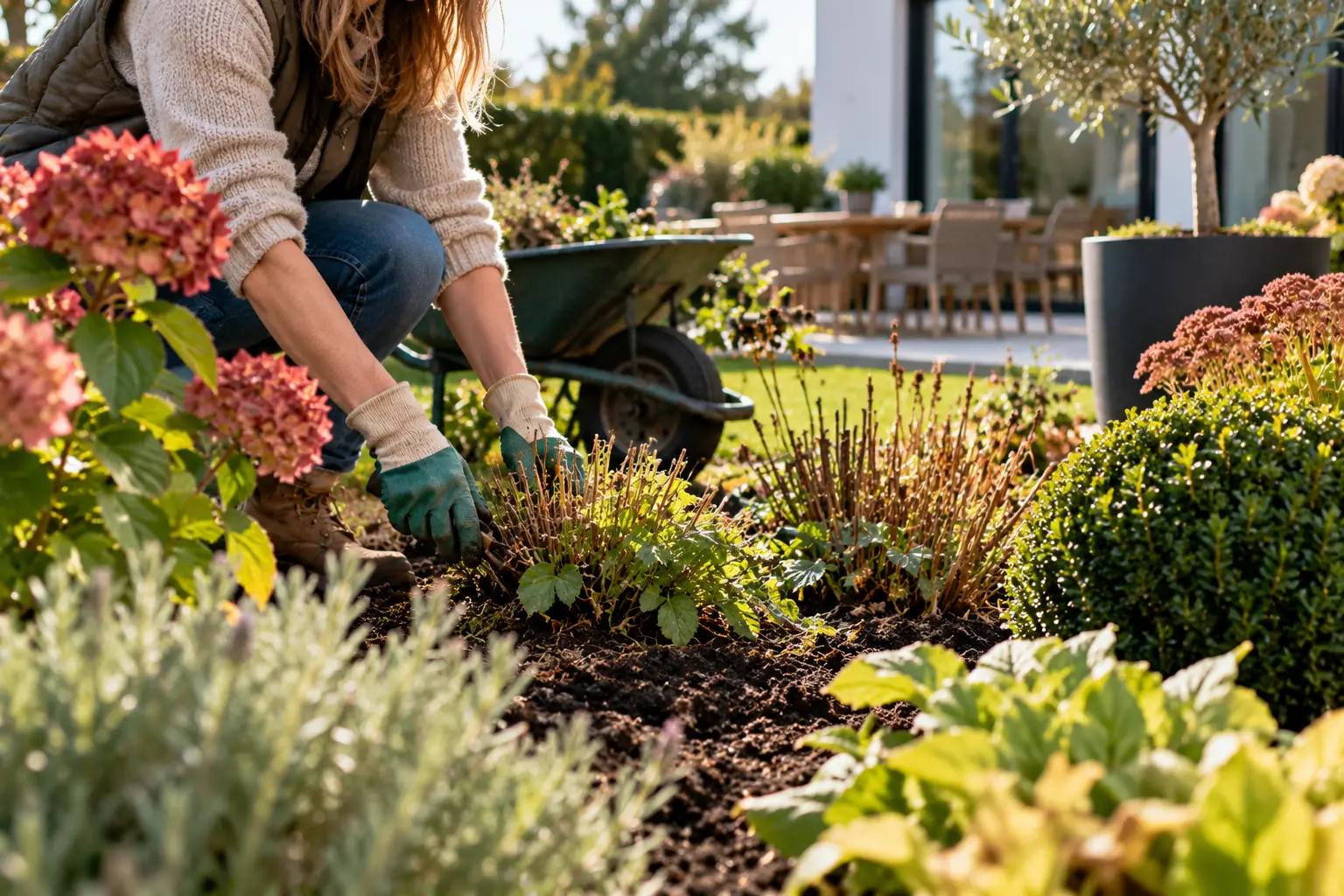 Woman Gardening in a Modern Backyard