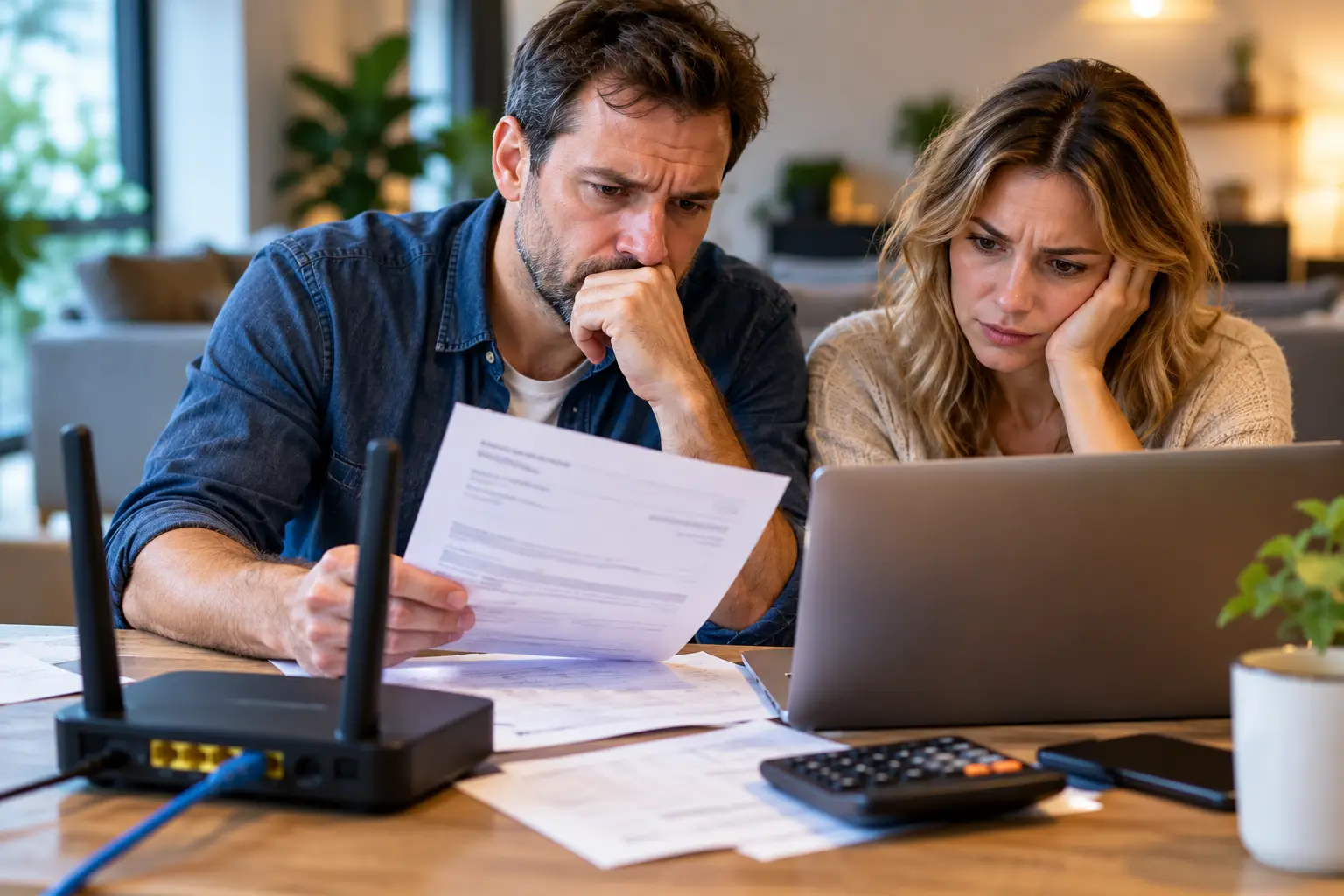 Worried Couple Reviewing Bills and Router Costs