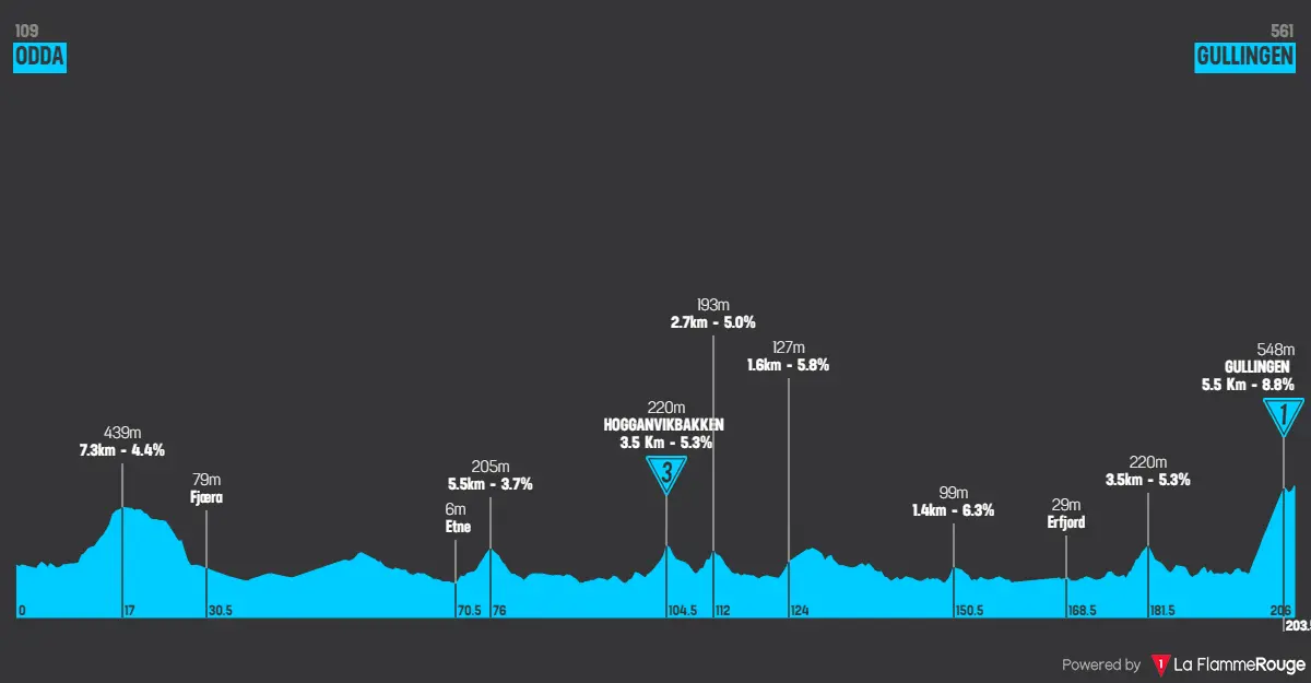 Etappe 2: Odda - Gullingen, 203 Kilometer schematisches Profil&amp;lt;br&amp;gt;