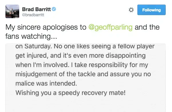 Barritt showed his sportsmanship with a heartfelt apology on Twitter