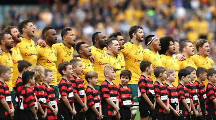 wallabies line up for national anthem