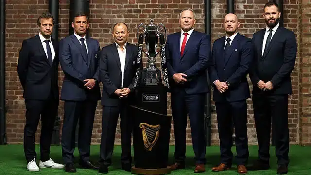 all six coaches pose with the trophy at six nations launch 640