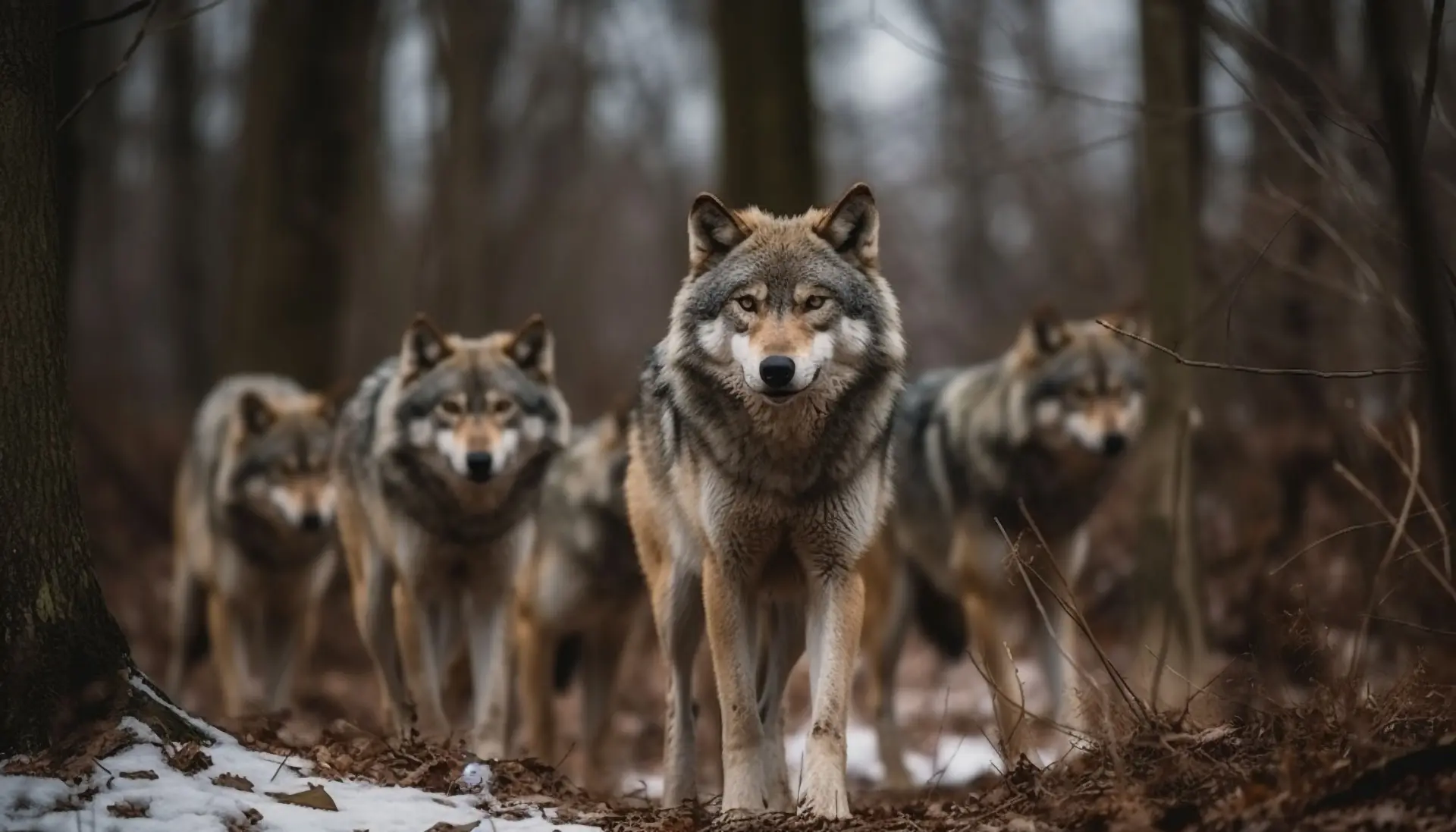 gray wolf walking snow looking camera with focus generated by ai