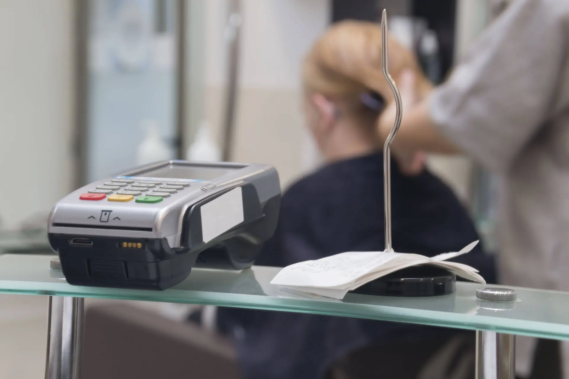 steel check spindle credit card terminal receiving payments beauty salon