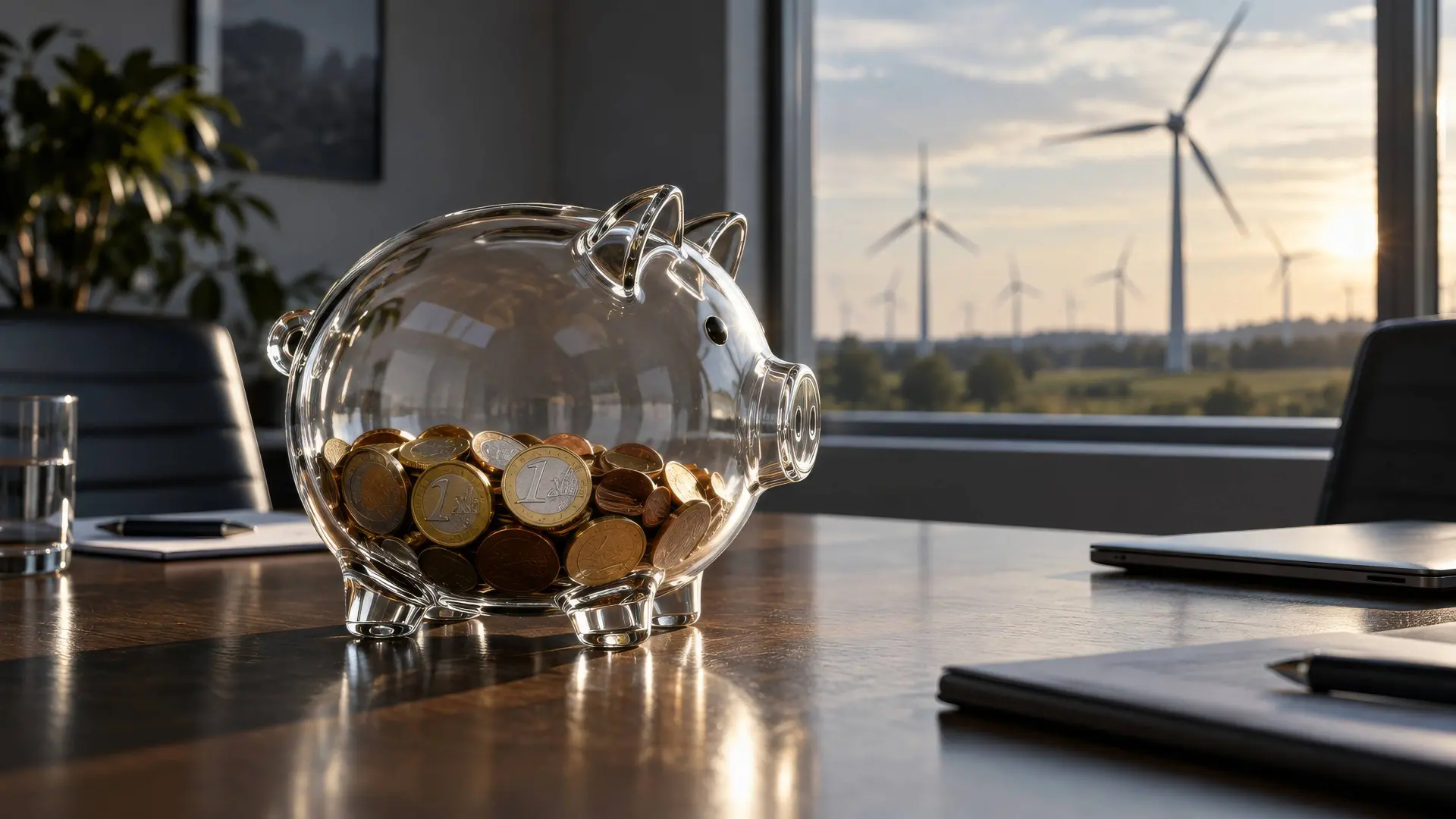 Glazen spaarpot met euromunten op een vergadertafel, met windmolens achter het raam, symbool voor pensioenrendement