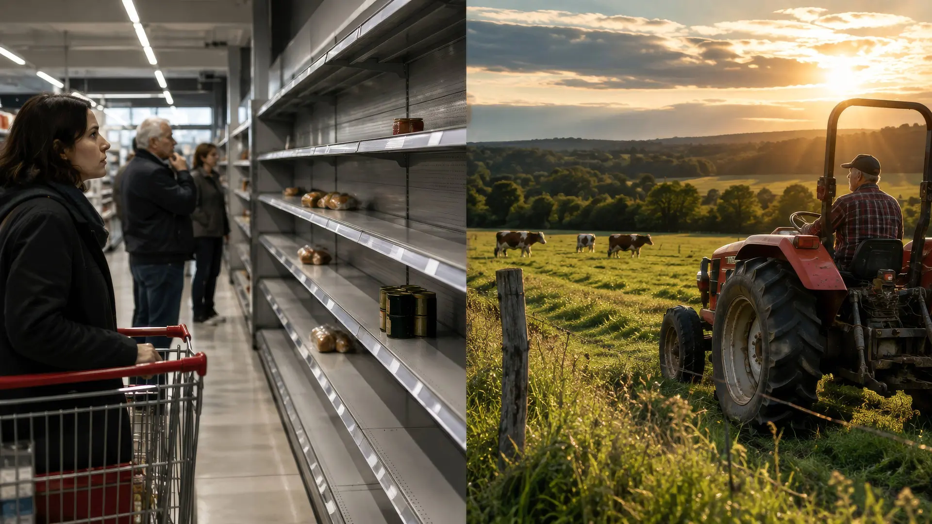 Lege supermarktschappen naast een boer op een trekker in het weiland, symbool voor voedselzekerheid