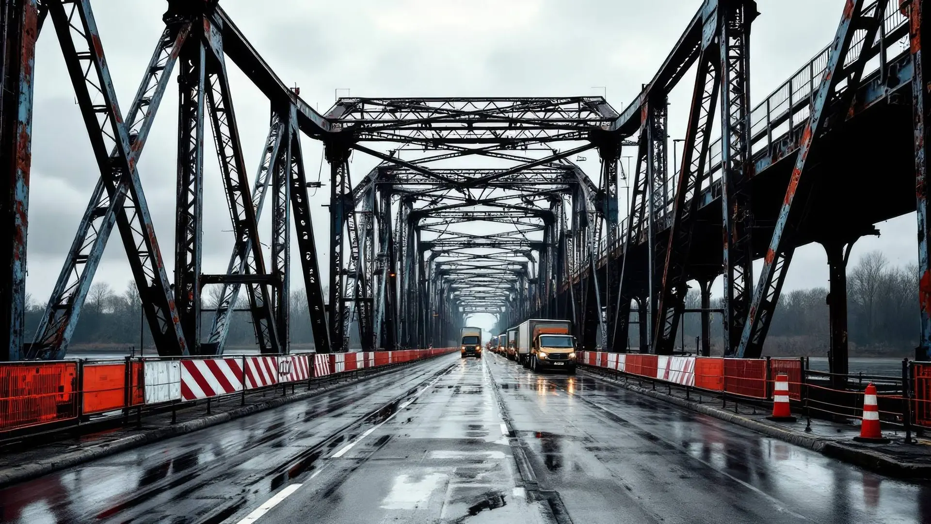 Roestige stalen brug met afzethekken en vrachtwagens, bij het Rekenkamerrapport over achterstallig onderhoud.