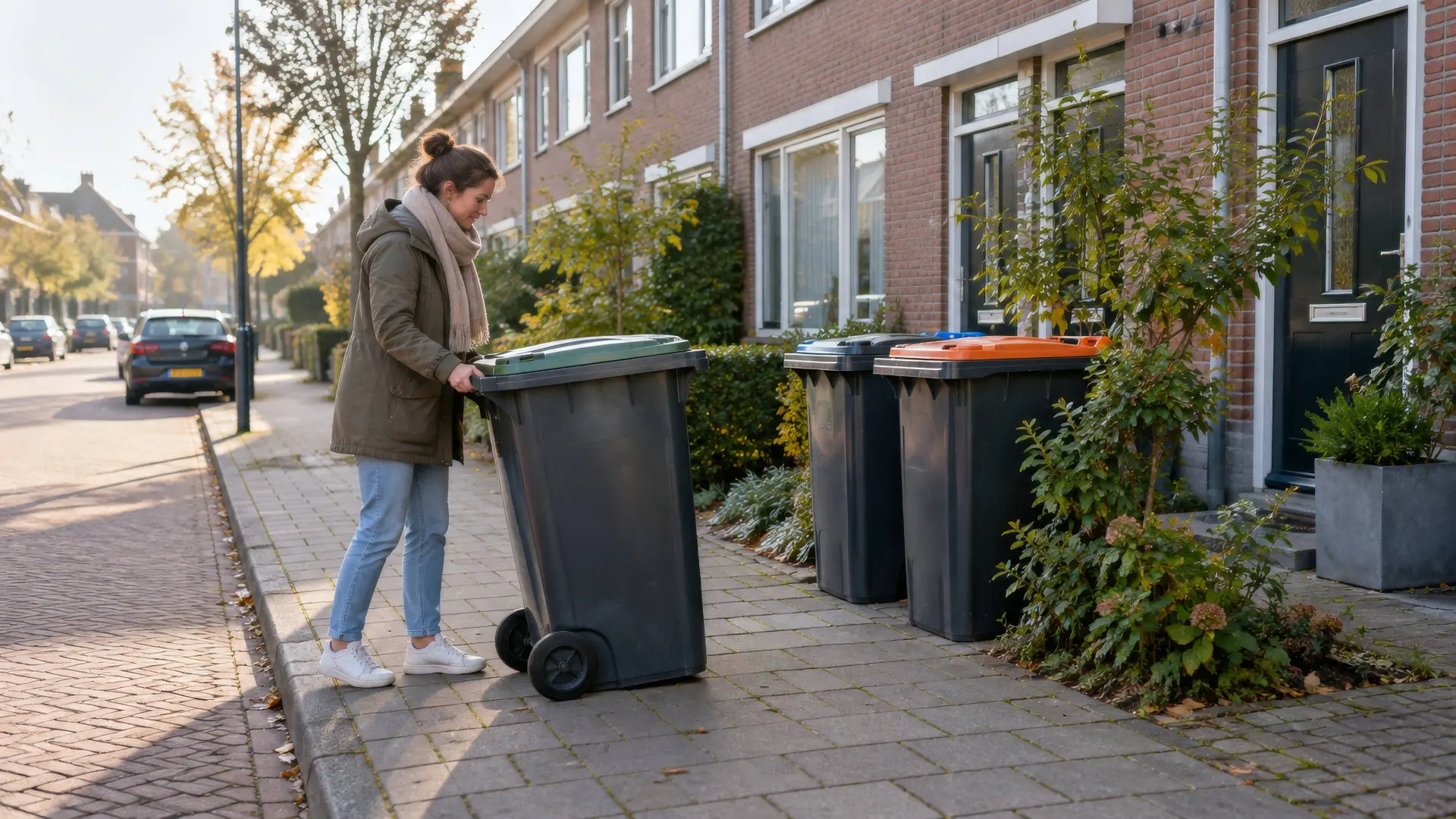 Afvalcontainers aan de straat bij Nederlandse woningen.