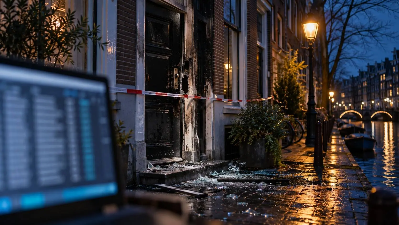 Zwartgeblakerde voordeur na een explosie in een Amsterdamse straat, symbool voor geweld na gelekte adresgegevens