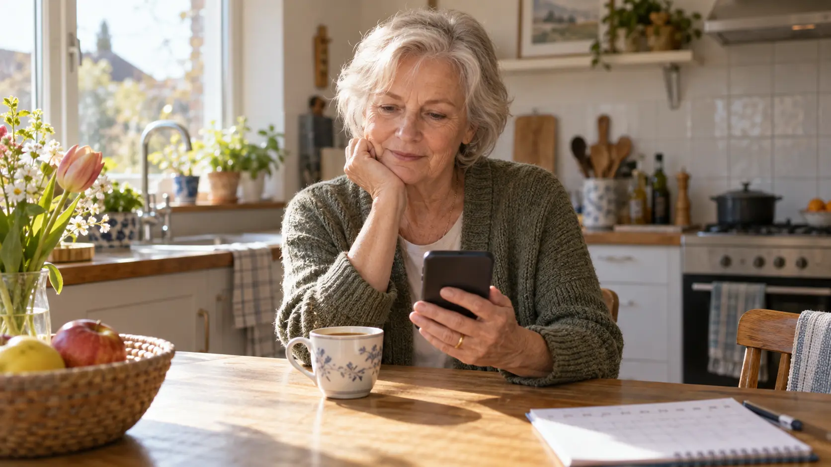 Oudere vrouw aan de keukentafel kijkt op haar telefoon, naast een kalender en een kop koffie.