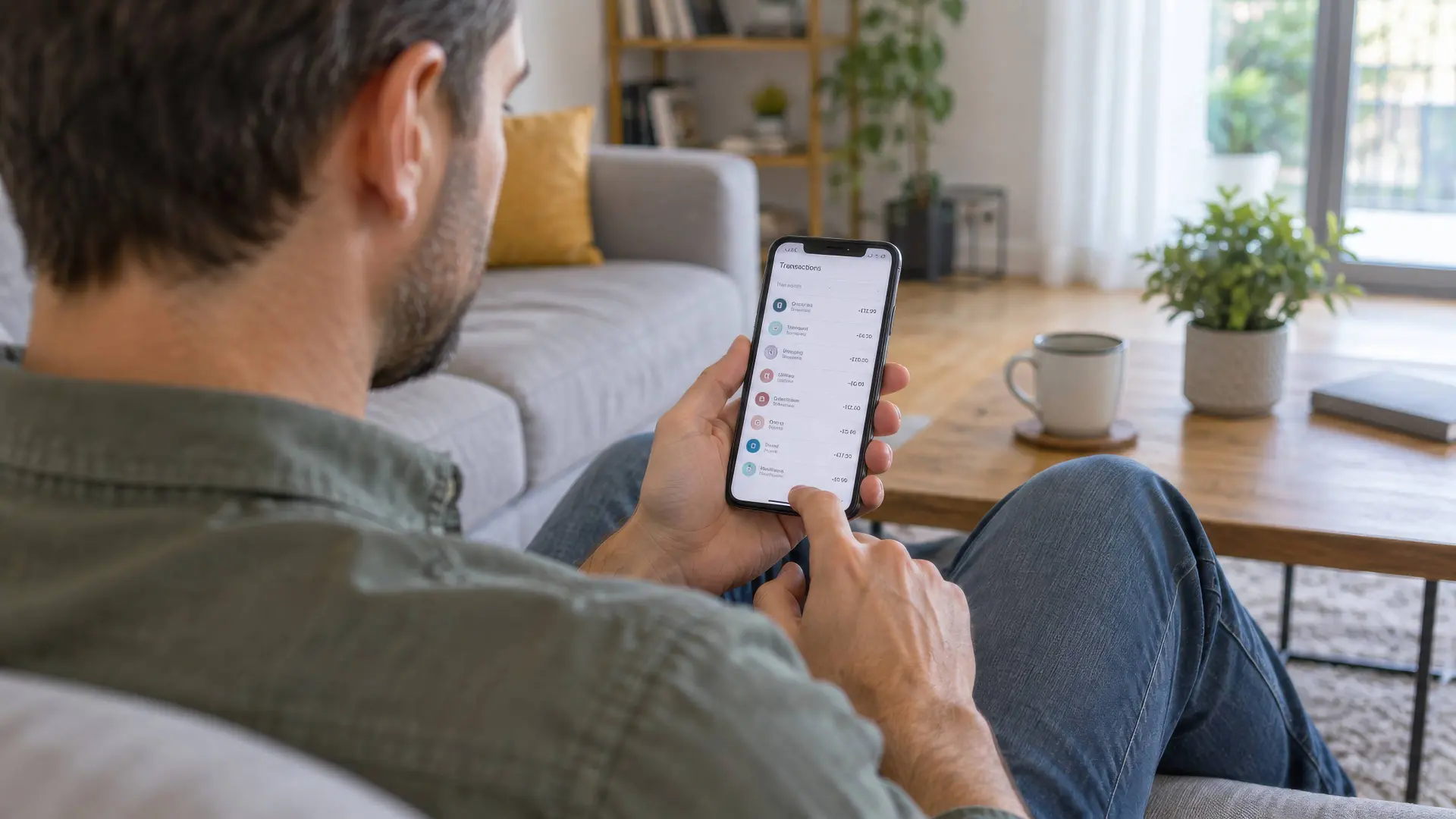 Iemand bekijkt periodieke afschrijvingen in een bankapp op een telefoon.