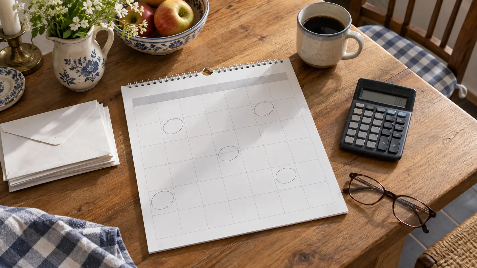 Maandkalender op een keukentafel met omcirkelde dagen, naast enveloppen, een rekenmachine en een leesbril.