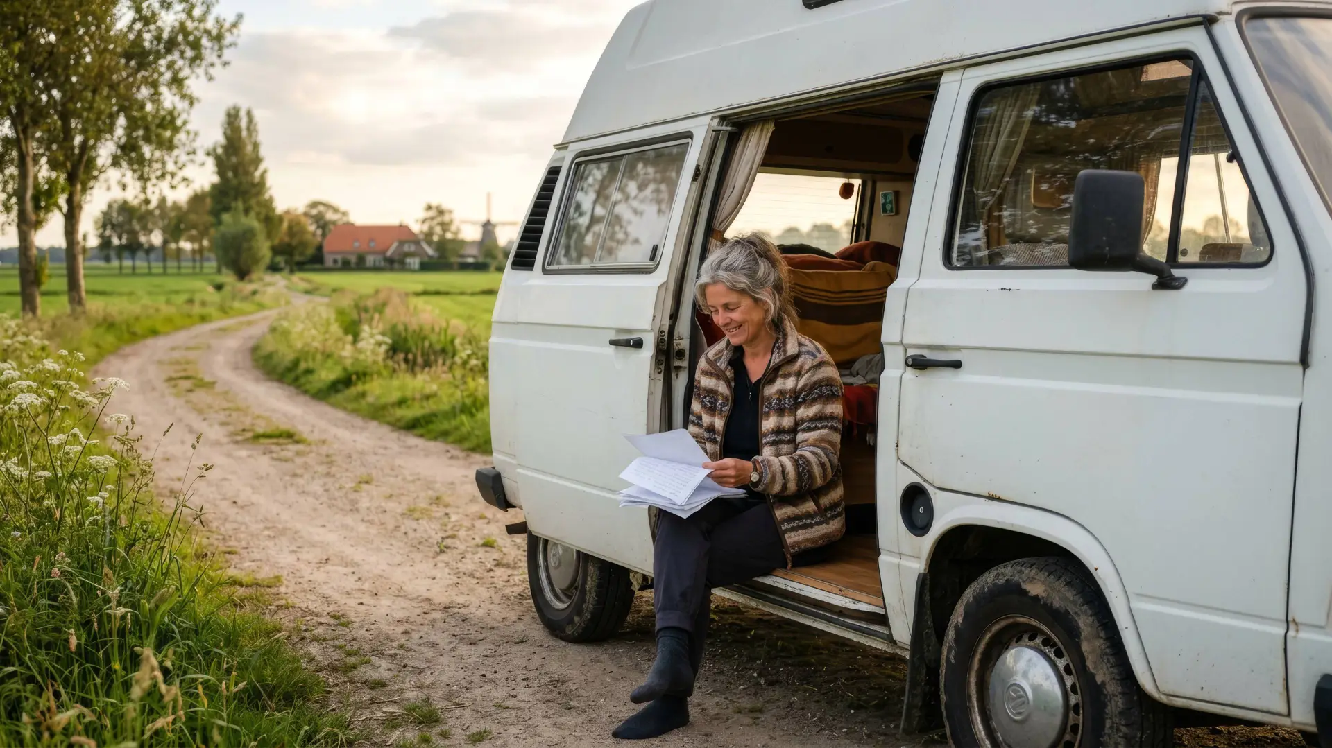 Vrouw zit in de deuropening van een camper op een landweggetje en leest papieren
